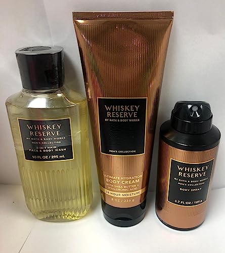 Bath & Body Works - Whiskey Reserve – For Men - 3 pc Bundle - 3-in-1 Hair, Face & Body Wash, Deodorizing Body Spray and Ultimate Hydration Body Cream – 2021